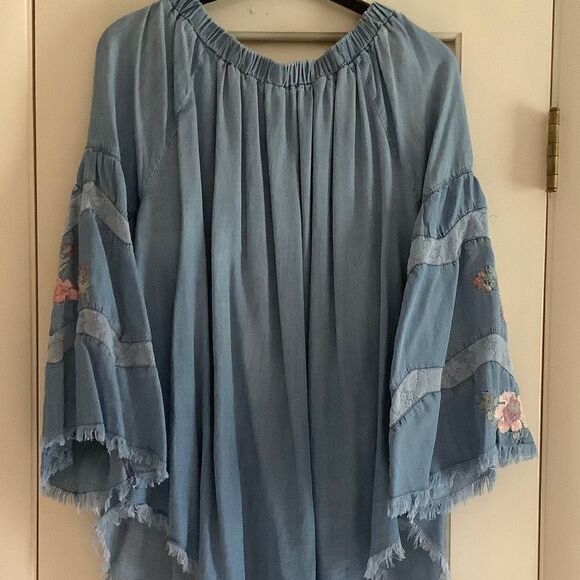 DENIM Blue HIGH-LOW EMBROIDERED LACED SLEEVES OFF-ON OPEN SHOULDER TOP﻿ - Picture 7 of 15